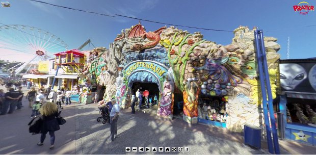 360-stupňový pohľad na vstup do Grottenbahn vo viedenskom Prátri