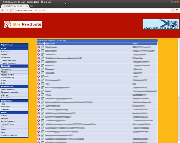 Administrácia Bio Products so zoznamom produktov a ikonami úprav