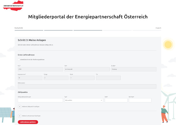 Členský portál Energiepartnerschaft Österreich s formulárom pre zariadenia a meracie body