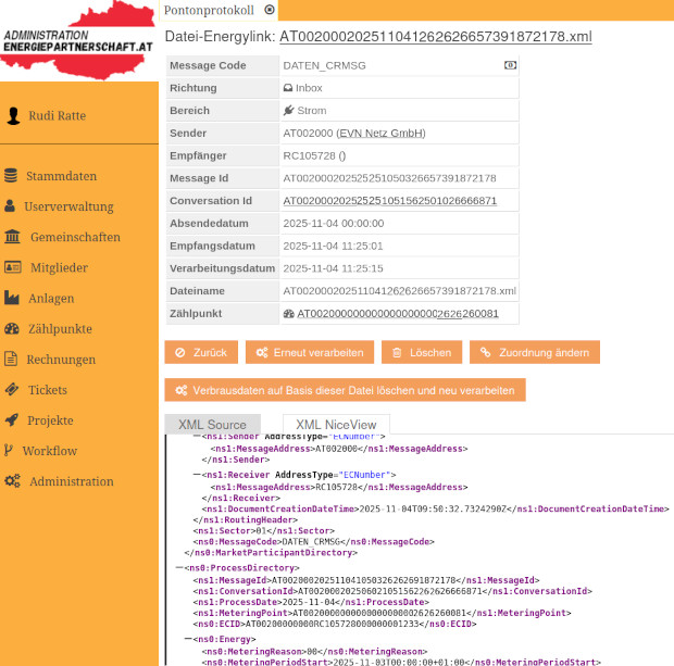 Administrátorské rozhranie s detailmi správy Energy Link a jej zdrojovým kódom XML