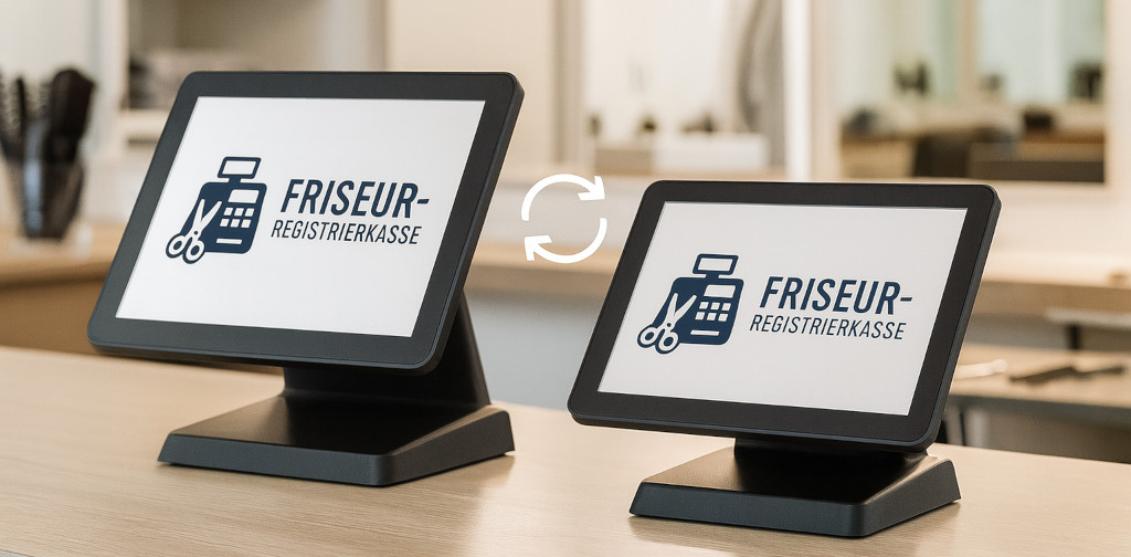 Dva dotykové pokladničné terminály s logom Friseur-Registrierkasse a symbolom synchronizácie v kaderníckom salóne.