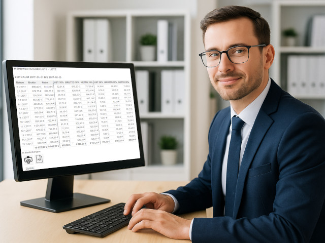 Daňový poradca pri počítači s prehľadom DPH zo systému Friseur-Registrierkasse.