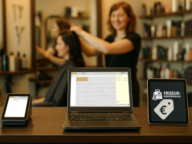 Systém Friseur-Registrierkasse na kompaktnom pokladničnom termináli, notebooku a tablete v kaderníckom salóne.