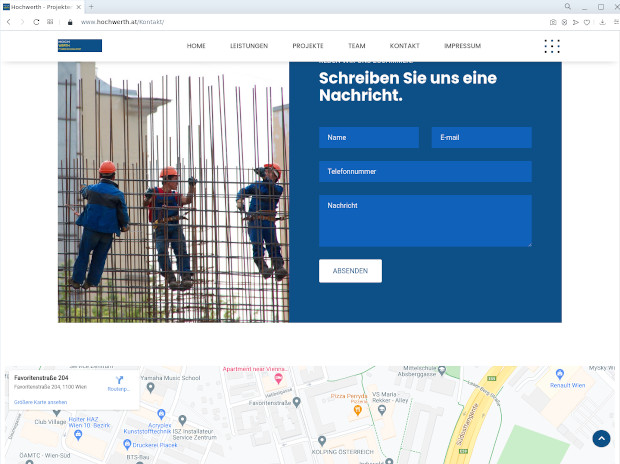 Kontaktná stránka Hochwerth s formulárom a fotografiou stavebných pracovníkov
