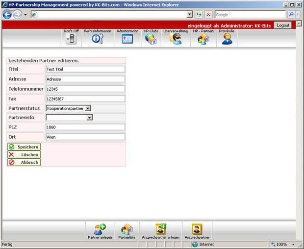 Intranet Holmes Place s formulárom údajov o partnerovi