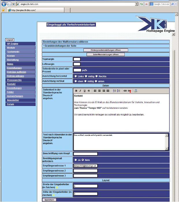 Administrácia Homepage Engine s nastaveniami kontaktného formulára