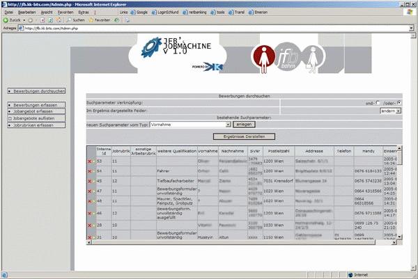 Administrácia JFB Job Machine s tabuľkou záznamov uchádzačov