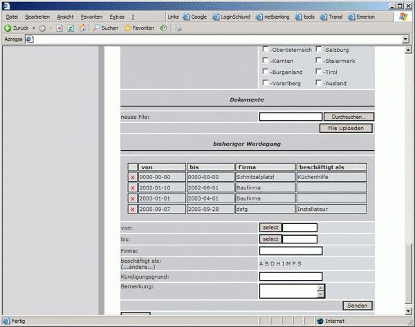 Administrácia JFB Job Machine so zoznamom dokumentov a vyhľadávacími poľami
