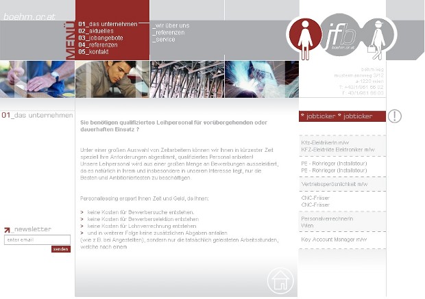 Webová stránka JFB Job Machine s opisom spoločnosti a navigáciou
