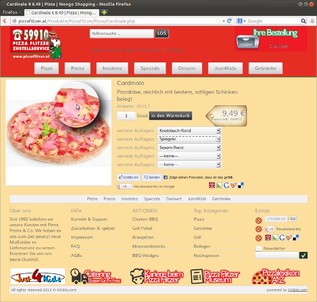 Produktová stránka Pizza Flitzer s pizzou a zoznamom možností
