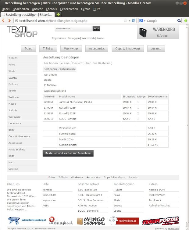 Prehľad objednávky v e-shope Textilhandel Wien pred potvrdením