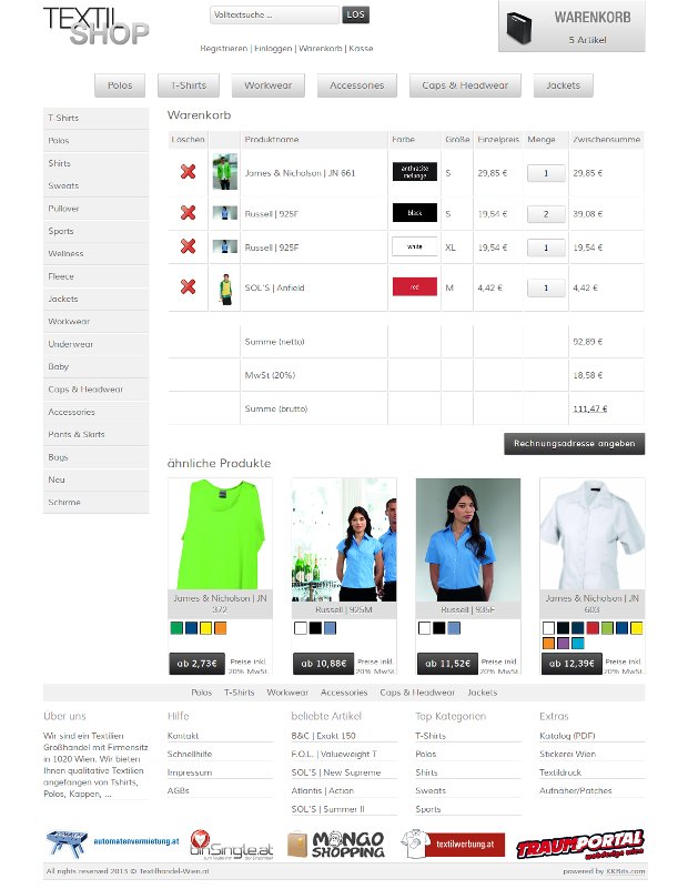Nákupný košík e-shopu Textilhandel Wien s vybranými produktmi