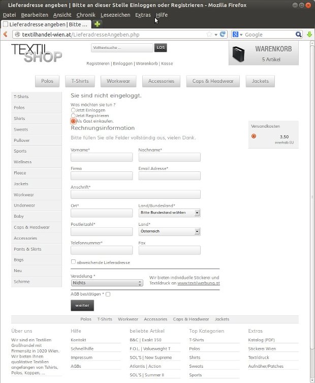 Formulár fakturačnej adresy a kontaktných údajov v e-shope Textilhandel Wien