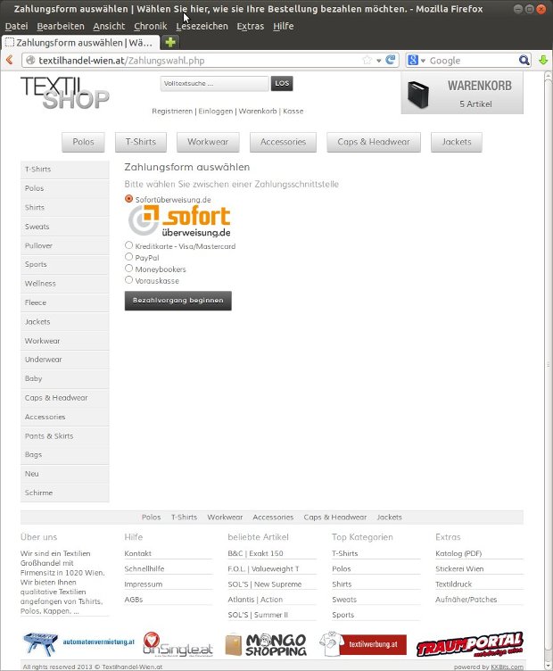 Výber spôsobu platby v e-shope Textilhandel Wien