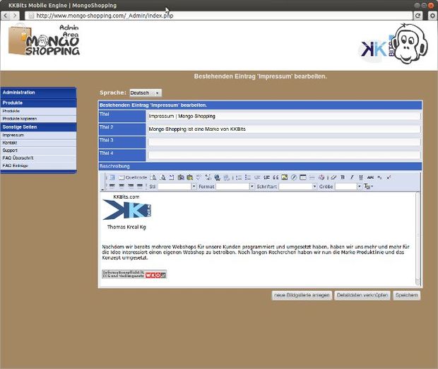 Administrácia KKBits Mobile Engine s editorom obsahu webovej stránky