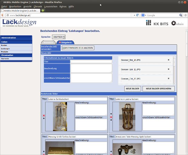 Administrácia Lackdesign na úpravu služieb a obrázkov