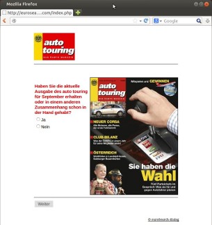 Dotazník Eurosearch pre auto touring s titulnou stranou a otázkou