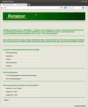 Dotazník Europcar so zelenou hlavičkou a otázkami s výberom odpovedí