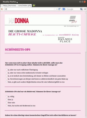 Dotazník s magazínom Madonna a logom Holmes Place