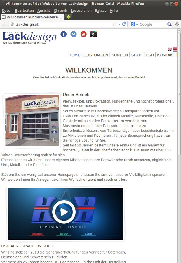 Úzka mobilná úvodná stránka Lackdesign s produktmi a údajmi o firme