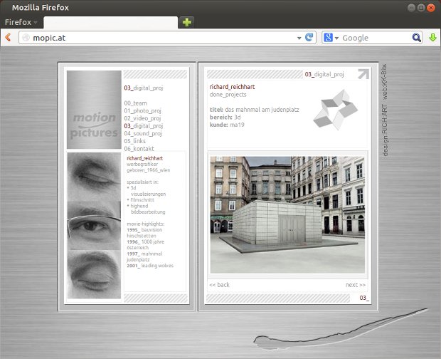 Webová stránka fotografa Mopic s architektonickou fotografiou budovy