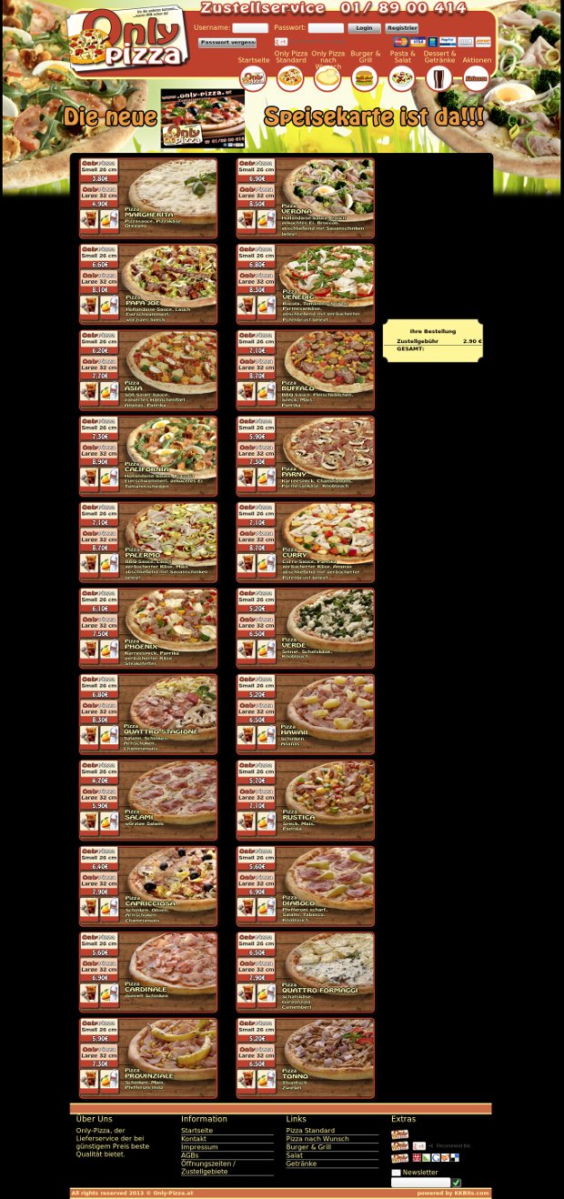 Webová stránka Only Pizza s dlhým jedálnym lístkom a fotografiami produktov