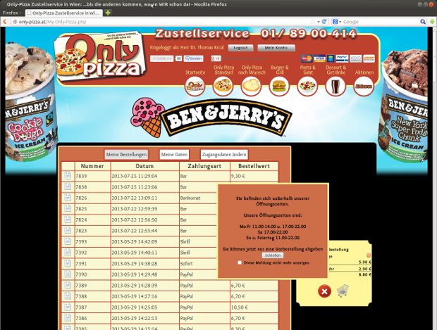 Zákaznícky účet Only Pizza so zoznamom predchádzajúcich objednávok