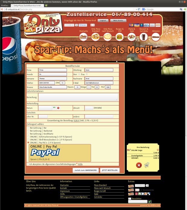 Platobná stránka Only Pizza s formulárom a logom PayPal