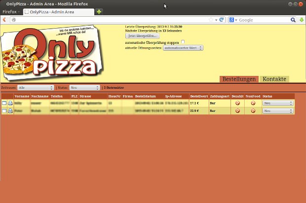 Administrácia Only Pizza so zoznamom zákazníckych objednávok