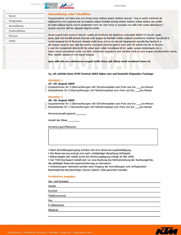 Registračná stránka KTM Orange Mountain s formulárom a informáciami o podujatí