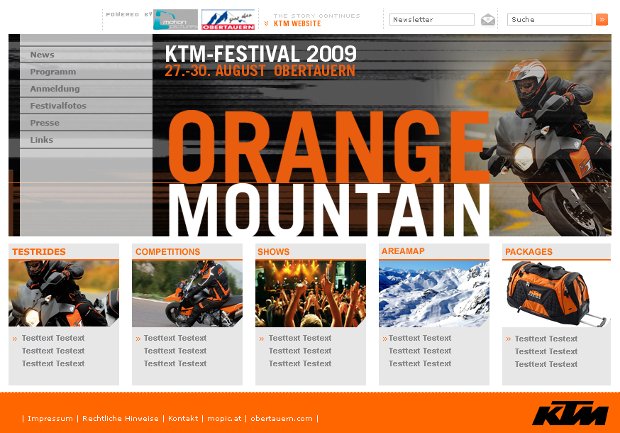 Webová stránka KTM Orange Mountain s motocyklistom a programom festivalu