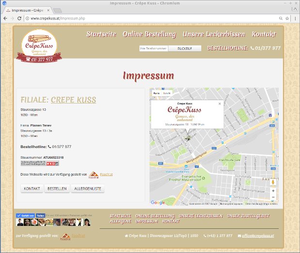 Snímka stránky s tirážou webu Crêpe Kuss a mapou prevádzky