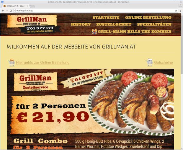 Snímka webovej stránky reštaurácie GrillMan s grilovaným menu a online objednávaním