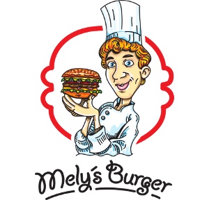 Logo Mely's Burger s kresleným kuchárom a hamburgerom