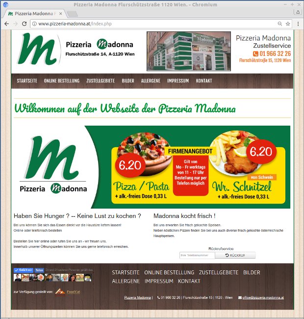 Snímka webovej stránky Pizzeria Madonna s ponukou jedál a online objednávaním
