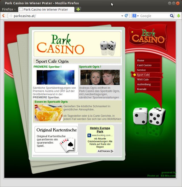 Webová stránka Park Casino s ponukou občerstvenia a hracích automatov