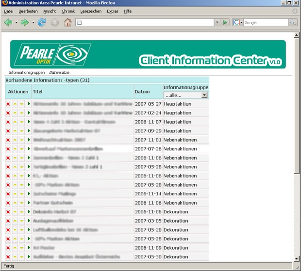 Intranet Pearle so zoznamom informačných správ