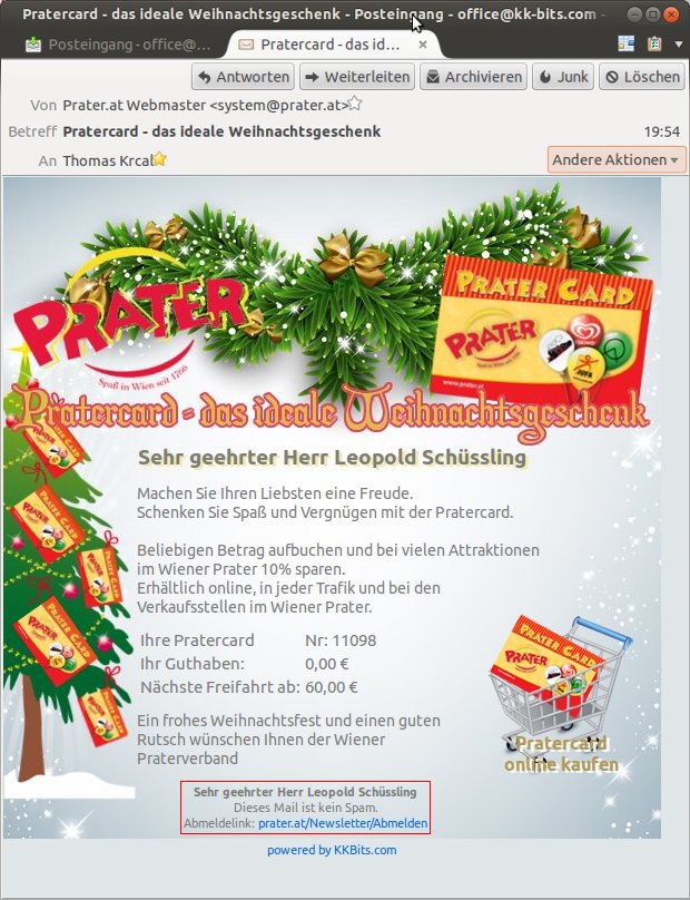 Newsletter Pratercard s vianočným motívom a reklamou na poukaz