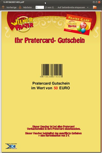 Poukaz Pratercard s čiarovým kódom a uvedenou hodnotou
