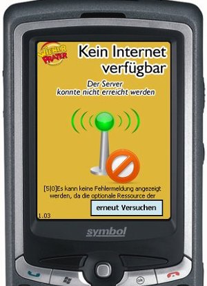 Ručné zariadenie Pratercard so správou o chýbajúcom internetovom pripojení