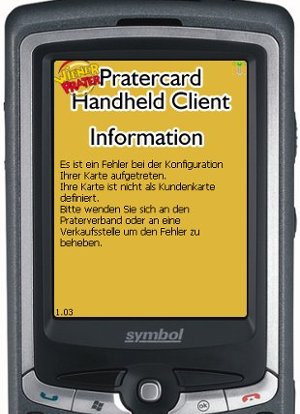 Ručné zariadenie Pratercard so správou o nesprávnej konfigurácii zákazníckej karty