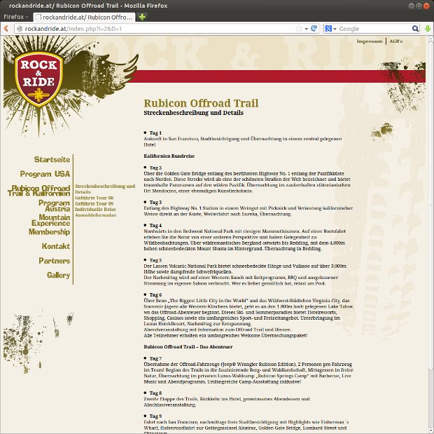 Webová stránka Rock & Ride s informáciami o terénnej trati