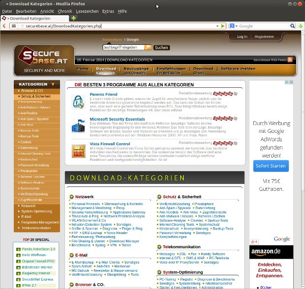 Webová stránka Securebase s kategóriami na stiahnutie a zoznamom softvéru