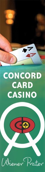 Zelený reklamný banner pre Concord Card Casino vo viedenskom Prátri
