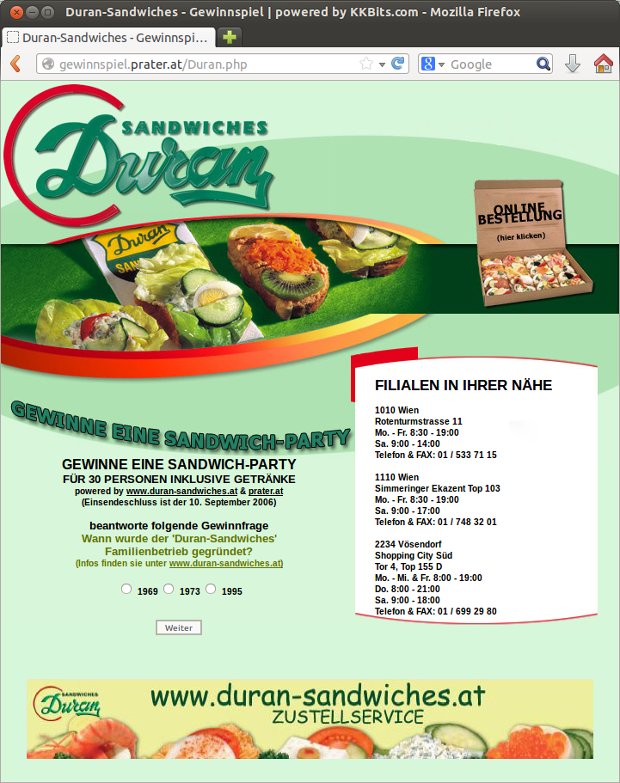 Súťažná stránka Duran Sandwiches s fotografiami sendvičov a formulárom