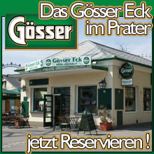 Reklamný banner Gösser Eck v Prátri s fotografiou reštaurácie