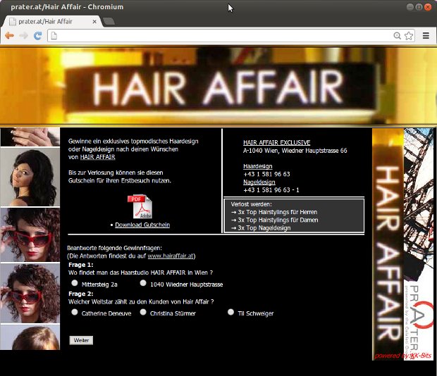 Súťažná stránka Hair Affair s fotografiami salónu a formulárom