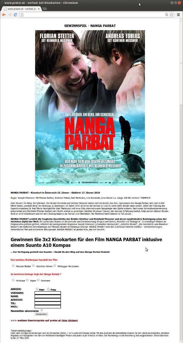 Súťažná stránka filmu Nanga Parbat s plagátom a formulárom