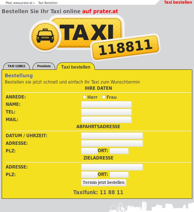 Žltý online formulár na objednanie taxíka s východiskovou a cieľovou adresou