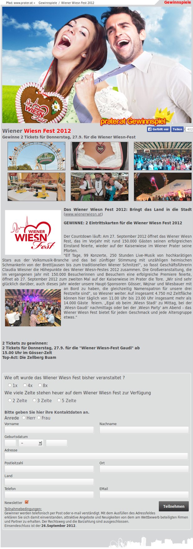 Súťaž Wiener Wiesn 2012 s motívmi festivalu a formulárom